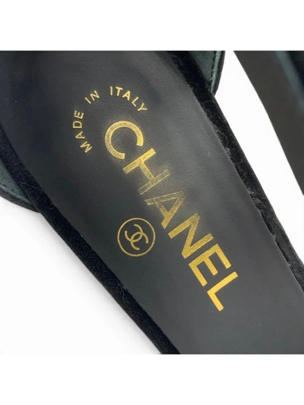 Chanel Pumps Shoes Velour Black Gold CC Logo Ribbon Pearl Velcro Strap